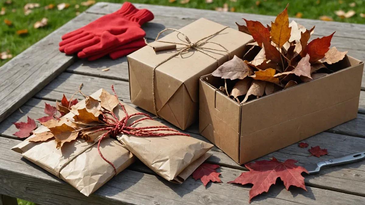 Colis de carton ouvert sur une table de jardin en bois gris, sachets de papier kraft ficelés, gants de jardinage rouges et feuilles mortes d'automne éparpillées