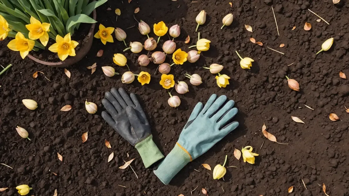 Bulbes de tulipes et de narcisses répartis dans des trous de plantation fraîchement creusés, plantoir et gants posés sur la terre sombre