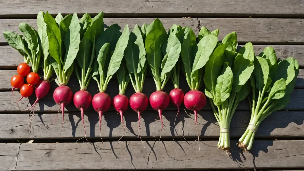 Radis roses fraîchement arrachés alignés sur des planches de bois patiné en plein soleil, quelques petites tomates et deux bottes de jeunes feuilles vertes