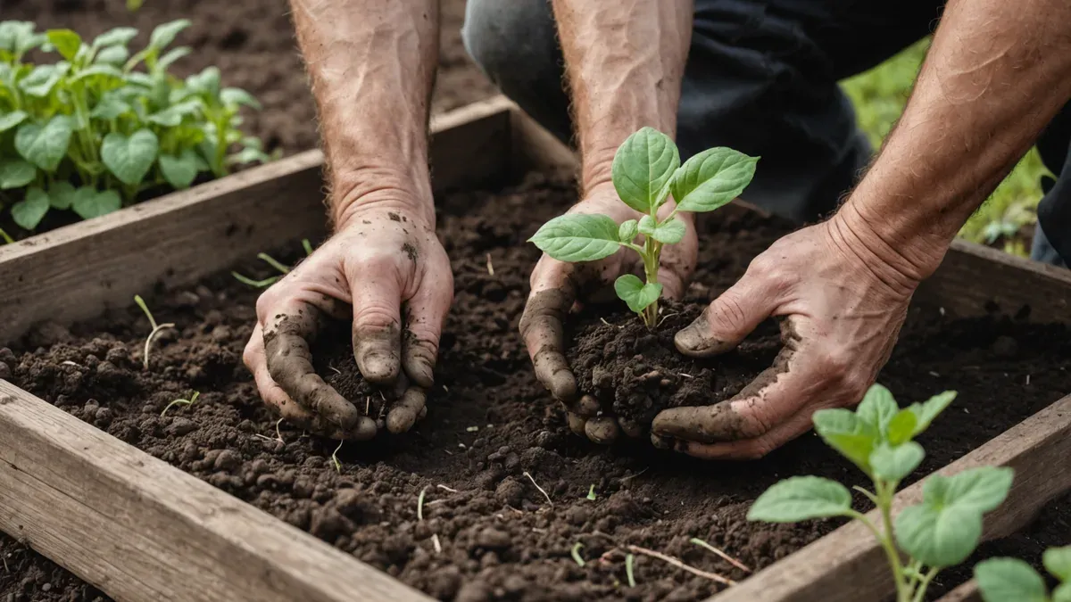 Mains nues déposant un plant de pomme de terre germé au fond d'un sillon de terre brune fraîchement ouvert dans une planche de potager