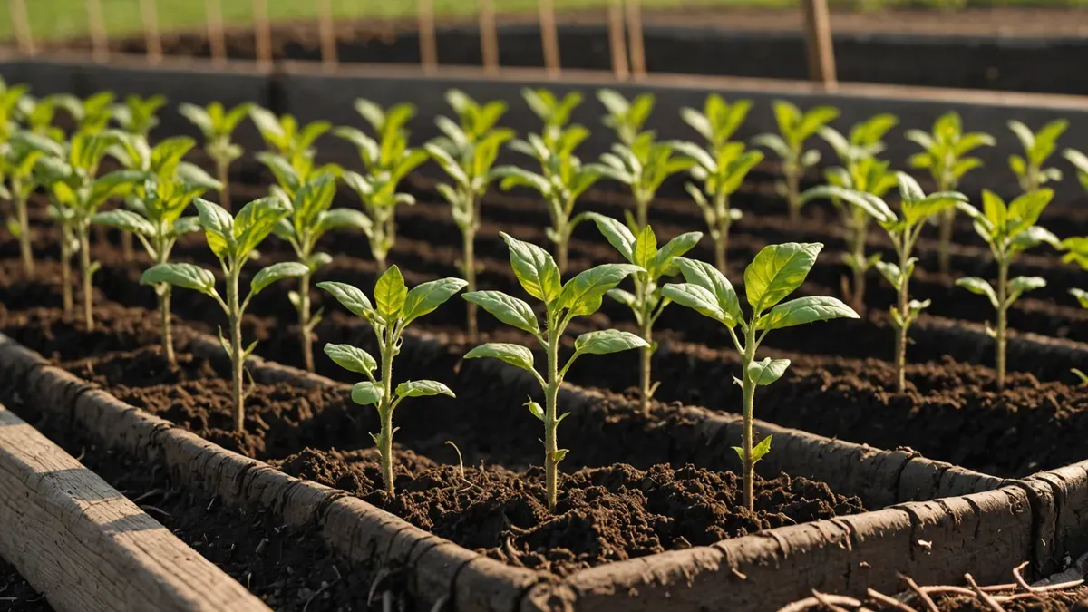 Jeunes plants de tomate tuteurés dans une planche de potager fraîchement paillée, terre brune humide, lumière de fin de journée