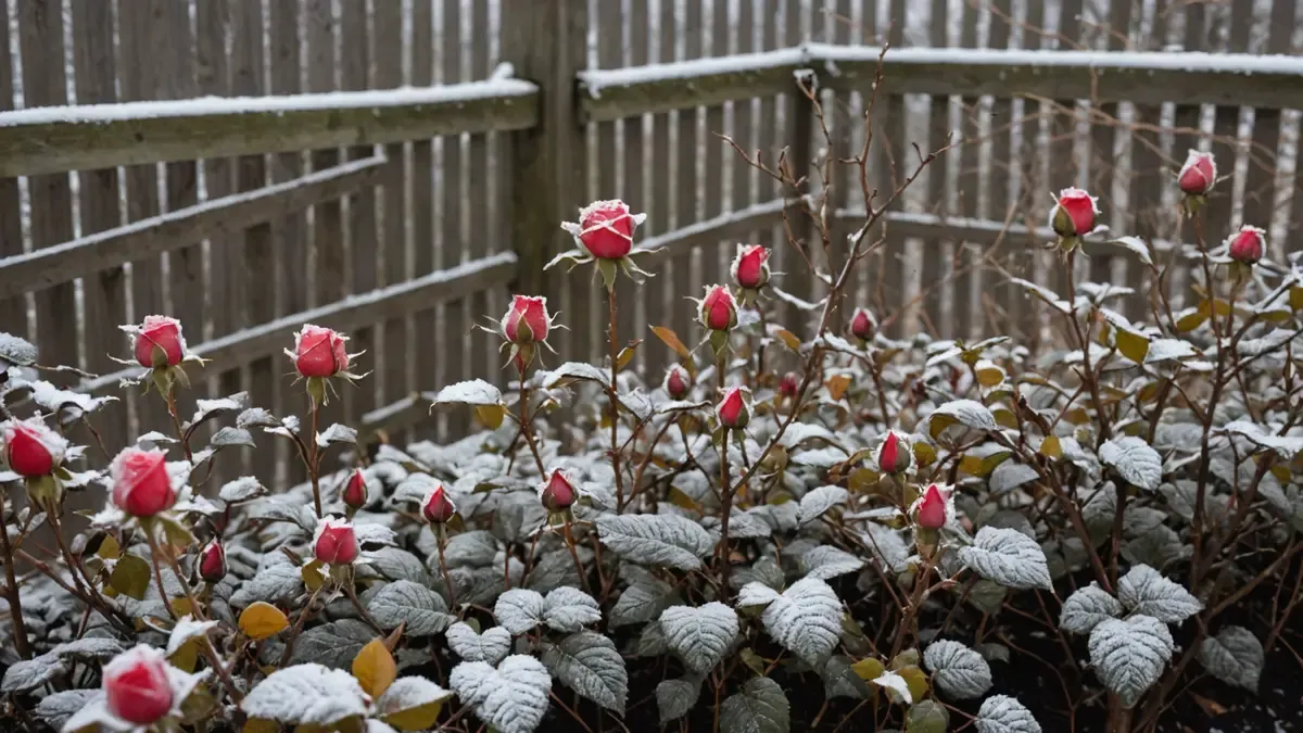 Massif de rosiers pris par le gel, boutons rouges non éclos et feuillage couvert de givre, devant une clôture en bois saupoudrée de neige