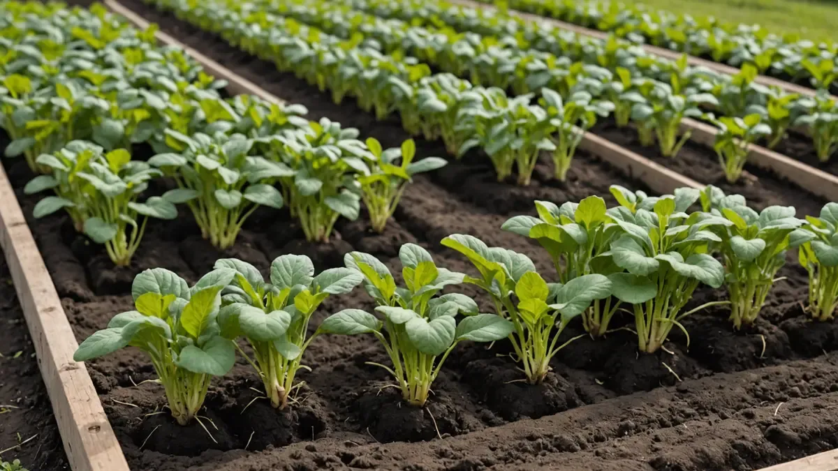 Planche de potager en avril, jeunes semis de radis alignés et voile de forçage replié sur le côté, terre brune humide et pommier en fleurs au fond
