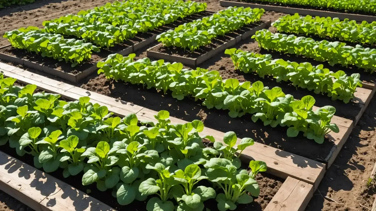 Planche de potager en mai, jeunes plants de tomates tuteurés sur des piquets de bois, rangs de salades et de radis en avant-plan, terre fraîchement binée