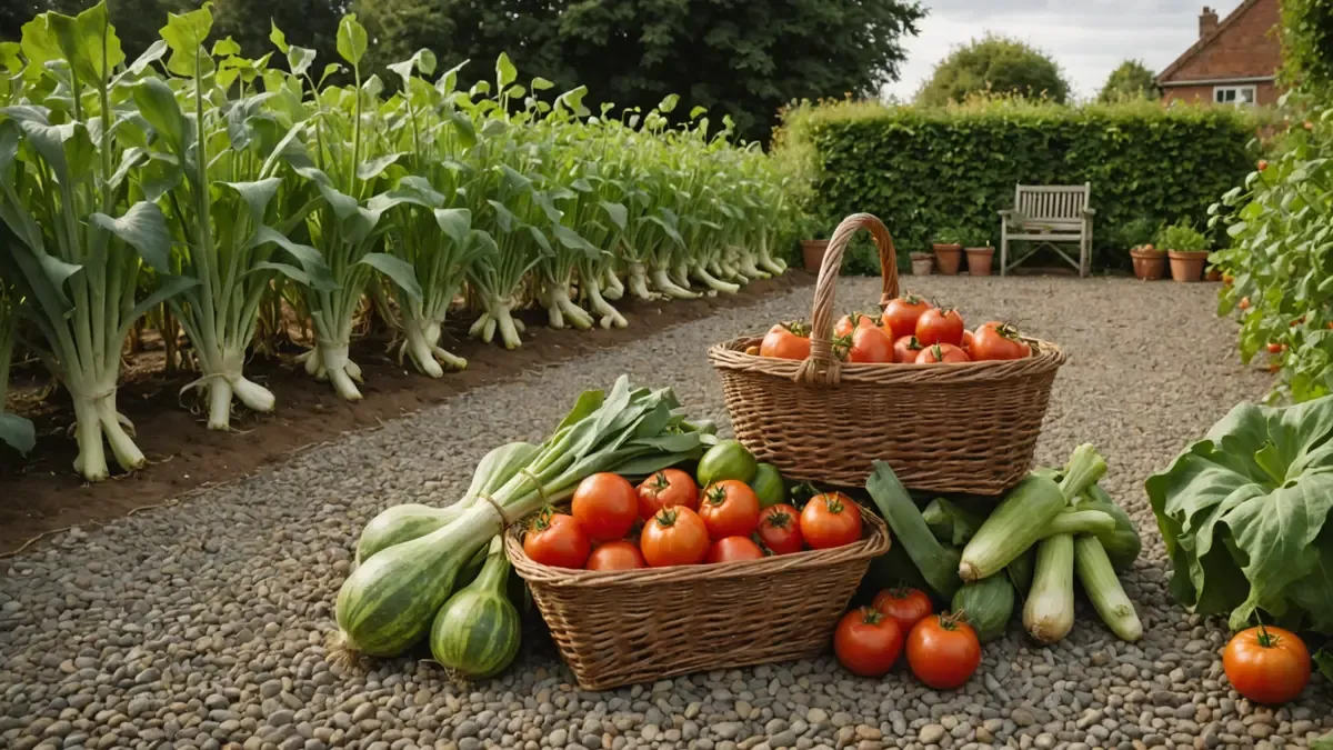 Panier de tomates et de courges fraîchement récoltées posé dans l'allée d'un potager en fin d'été, rangs de poireaux en arrière-plan