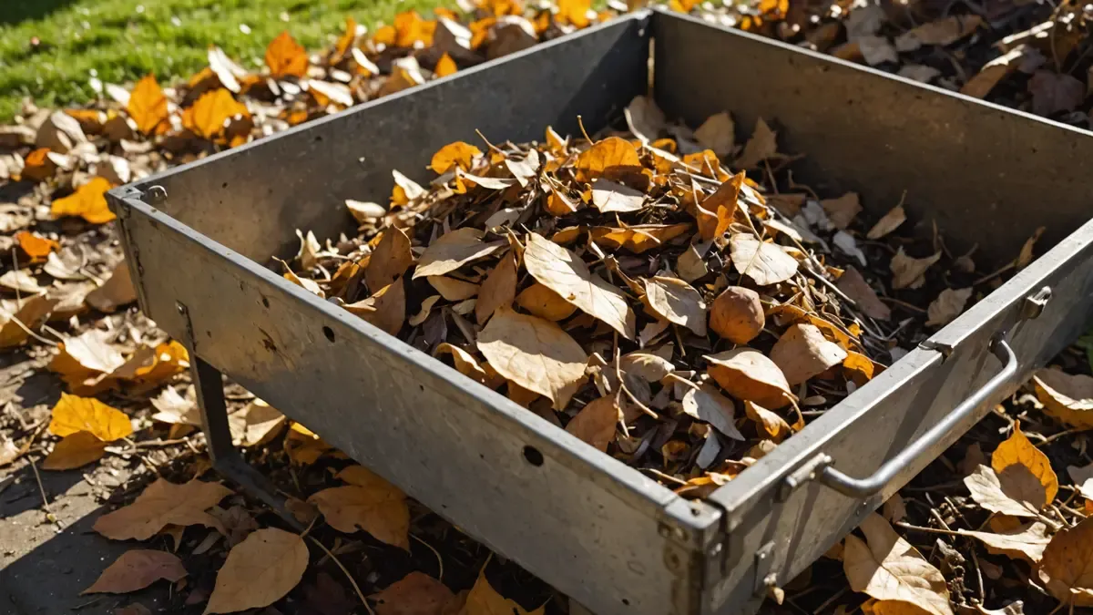 Seau de cuisine rempli d'épluchures de légumes posé au bord d'un composteur ouvert, sur un lit de feuilles mortes